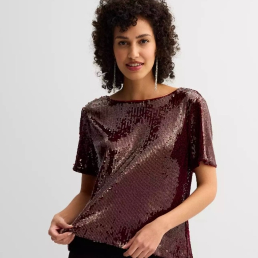 Nine West Burgundy‎ Sequin Blouse size X-LARGE Holidays Christmas bow tie back